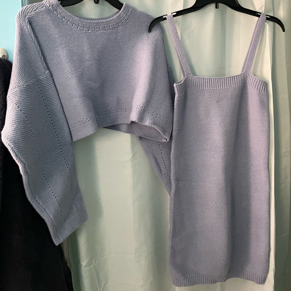 One size fits all dress with cropped sweater in periwinkle.